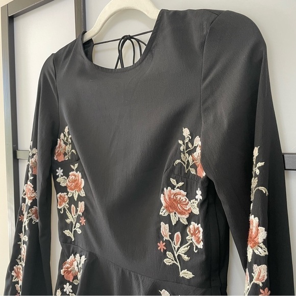 [4] H&M Black with Pink & White Floral Long Bell Sleeve Mini Dress - Picture 5 of 11